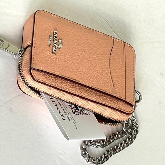 Coach Zip Card Case ID Mini Wallet 6303 Pebbled Leather Chain Strap Blush Silver - Picture 4 of 6